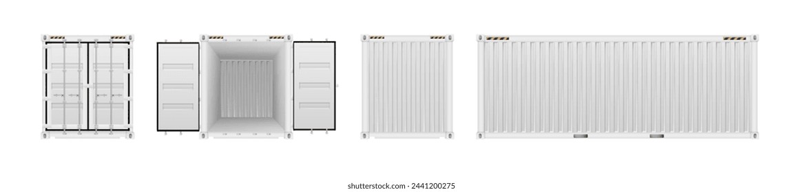 Shipping cargo containers with open, closed doors realistic set. Steel freight boxes for storage, transportation. Vector ship container.