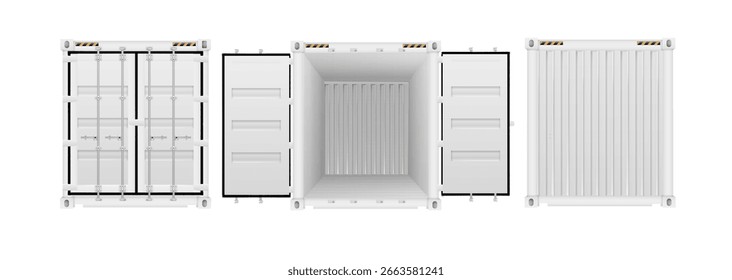 Contenedores de carga de envío con puertas abiertas y cerradas, conjunto realista. Cajas de carga de acero para almacenamiento, transporte. Contenedor de barco de Vector.