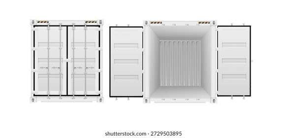 Contenedores de carga de envío con puertas abiertas y cerradas, conjunto realista. Cajas de carga de acero para almacenamiento, transporte. Contenedor de barco de Vector.