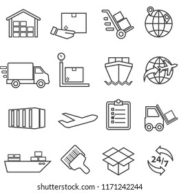 Shipping, cargo, delivery, distribution, freight and warehouse web line icon set