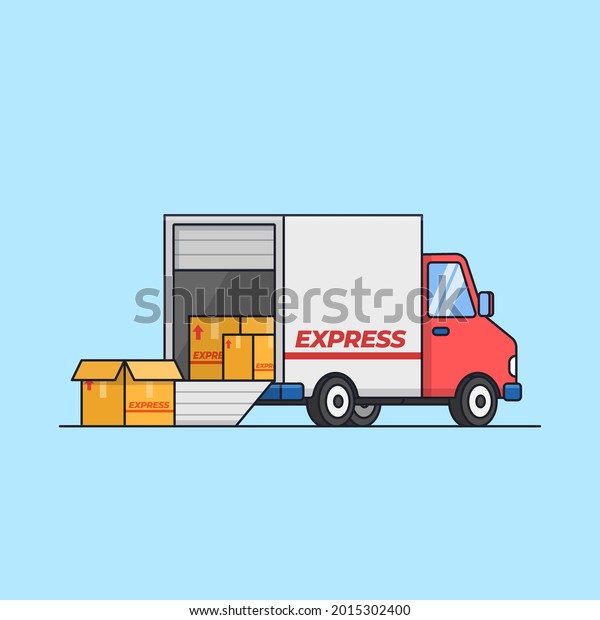 shipping cargo\
delivery truck car. Unload and load logistic box transportation\
service vector\
illustration
