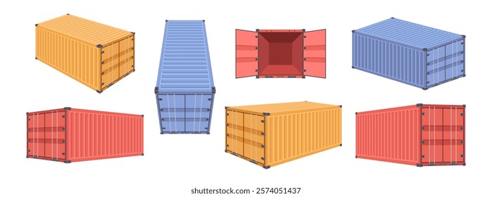 Shipping cargo and freight containers. Vector isolated set of shipment storage or metal boxes with orders and goods. Commerce and business, transportation and transshipment on ferry or ship