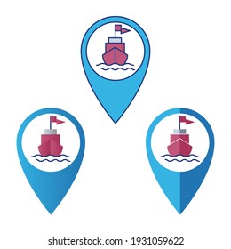 Shipping cargo pin icon location with 3 styles outline color, gradient and flat