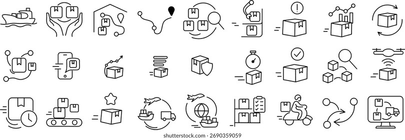 Envío y carga Stroke Icon Pack. Con iconos de entrega de avión, barco y camión.