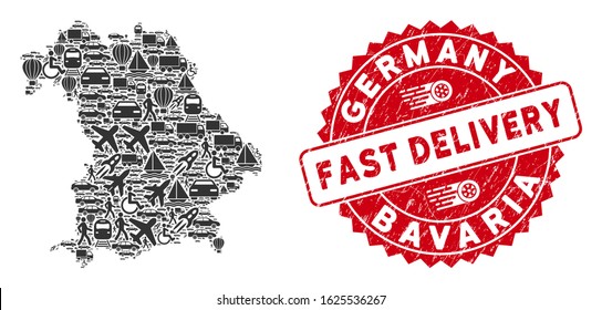 Shipping collage Bavaria Land map and grunge stamp seal with FAST DELIVERY badge. Bavaria Land map collage designed with gray scattered transportation icons.
