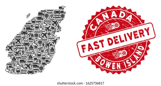 Shipping collage Bowen Island map and grunge stamp seal with FAST DELIVERY badge. Bowen Island map collage formed with gray randomized traffic elements.