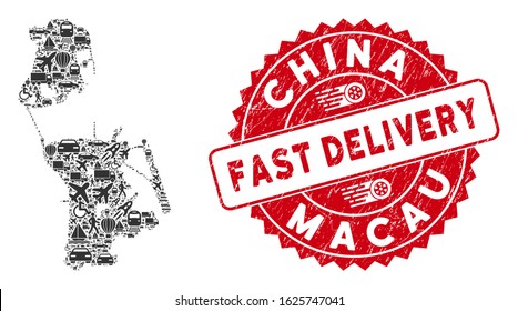 Shipping collage Chinese Macau map and distressed stamp watermark with FAST DELIVERY words. Chinese Macau map collage composed with grey random travel icons.