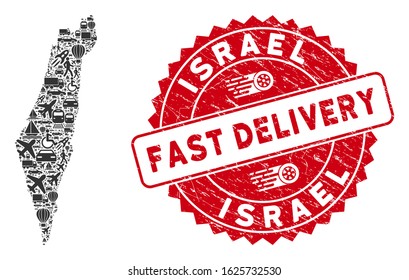 Shipping collage Israel map and corroded stamp watermark with FAST DELIVERY badge. Israel map collage composed with gray randomized shipment elements.