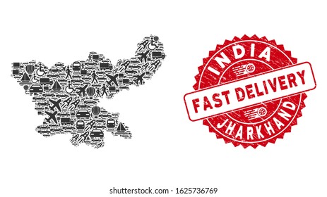 Shipping collage Jharkhand State map and distressed stamp seal with FAST DELIVERY message. Jharkhand State map collage constructed with grey random lorry elements.