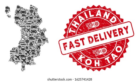 Shipping collage Koh Tao Thai Island map and rubber stamp seal with FAST DELIVERY text. Koh Tao Thai Island map collage formed with grey random shipping symbols.