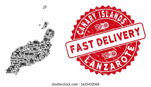 Shipping collage Lanzarote Islands map and distressed stamp watermark with FAST DELIVERY badge. Lanzarote Islands map collage designed with gray randomized lorry items.