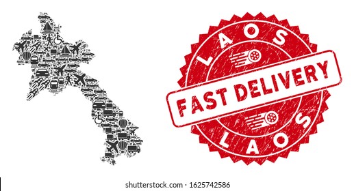 Shipping collage Laos map and corroded stamp seal with FAST DELIVERY badge. Laos map collage composed with grey randomized automobile elements. Red rounded FAST DELIVERY stamp with unclean texture.