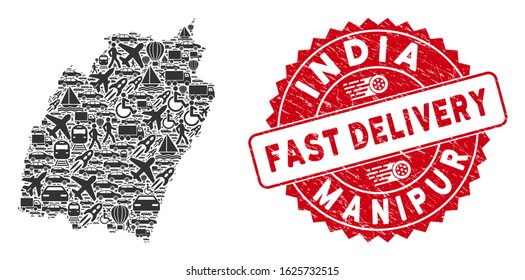 Shipping collage Manipur State map and distressed stamp seal with FAST DELIVERY badge. Manipur State map collage constructed with gray random travel icons.