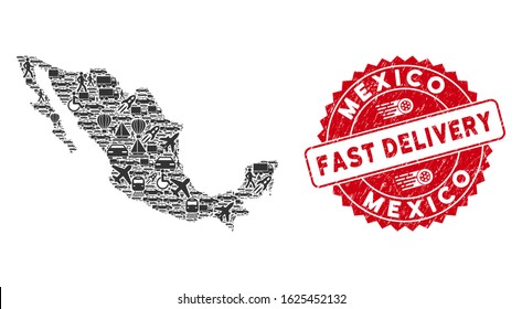 Shipping collage Mexico map and rubber stamp seal with FAST DELIVERY message. Mexico map collage constructed with gray random delivery icons. Red round FAST DELIVERY seal stamp with scratched texture.
