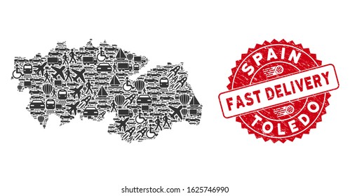 Shipping collage Toledo Province map and corroded stamp seal with FAST DELIVERY phrase. Toledo Province map collage composed with grey random delivery icons.