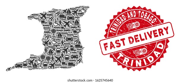 Shipping collage Trinidad Island map and corroded stamp seal with FAST DELIVERY text. Trinidad Island map collage designed with grey random truck icons.