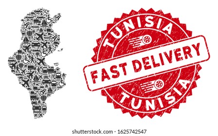 Shipping collage Tunisia map and rubber stamp seal with FAST DELIVERY phrase. Tunisia map collage composed with gray scattered truck icons. Red rounded FAST DELIVERY stamp with distress texture.