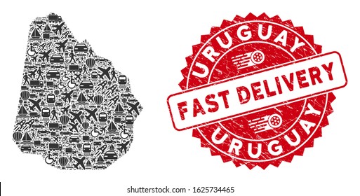 Shipping collage Uruguay map and distressed stamp watermark with FAST DELIVERY caption. Uruguay map collage formed with grey randomized travel elements.