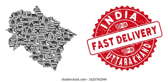 Shipping collage Uttarakhand State map and distressed stamp seal with FAST DELIVERY badge. Uttarakhand State map collage composed with grey randomized shipping items.