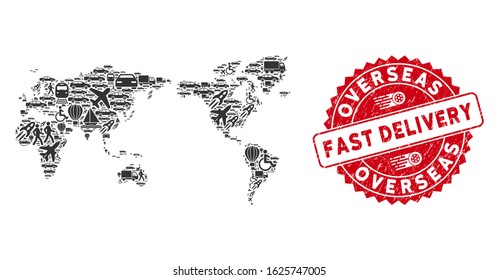 Shipping collage world map and distressed stamp watermark with FAST DELIVERY message. World map collage composed with grey random shipping symbols.