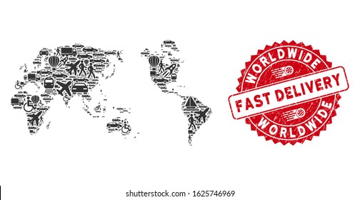 Shipping collage worldwide map and grunge stamp seal with FAST DELIVERY phrase. Worldwide map collage designed with grey random shipment symbols.