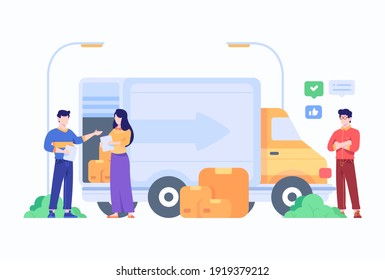 Shipping Company Deliver Package to Consumer With Cargo Van Concept Flat Style Design Illustration 