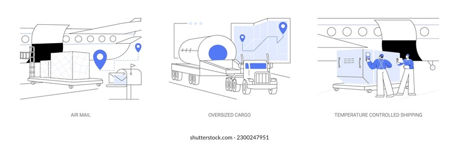 Shipping company services abstract concept vector illustration set. Air mail, oversized cargo, temperature controlled shipping, express delivery service, foreign trade industry abstract metaphor.