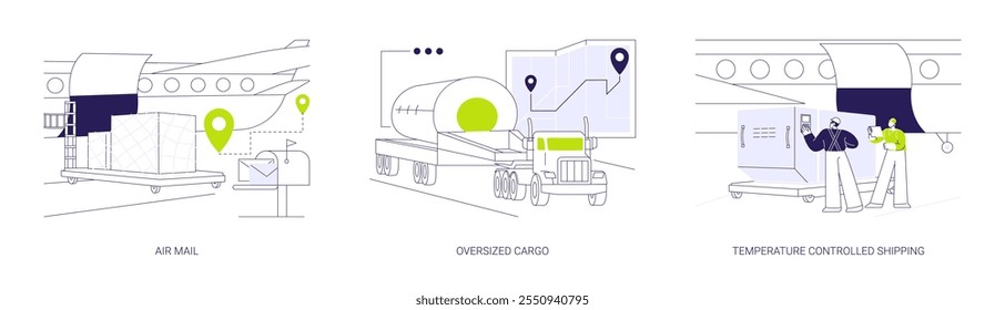 Empresa de transporte serviços conceito abstrato vetor ilustração conjunto. Correio aéreo, carga de grandes dimensões, transporte controlado por temperatura, serviço de entrega expresso, metáfora abstrata do setor do comércio exterior.