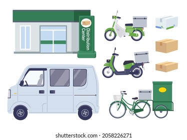 Shipping company vehicle, store and luggage set .It's vector art so easy to edit.