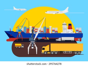 Shipping composition idea with a delivery heavy trucks, cranes loading the cargo ships and aircraft passing by. Web and print banner idea for delivery business