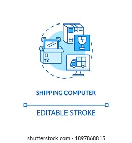 Shipping computer concept icon. Key warehouse equipment. Innovative technologies for your logistic company. Mail idea thin line illustration. Vector isolated outline RGB color drawing. Editable stroke