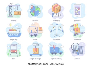 Juego de iconos planos de concepto de envío. Conjunto de carga, ubicación, embalaje, vía gps, buque de carga, carretilla elevadora, distribución, entrega rápida y otros. Símbolos de color del paquete conceptual del vector para la aplicación móvil