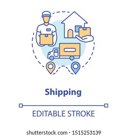 Shipping concept icon. Parcel shipment idea thin line illustration. Logistics and distribution. Transportation service, delivery to home. Vector isolated outline drawing. Editable stroke