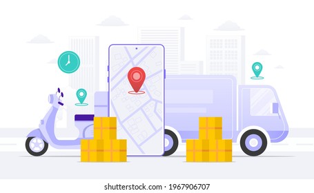 Shipping concept illustration. Mobile app, car, scouter. Suitable for user interface, ui, ux, web, mobile, banner and infographic. 