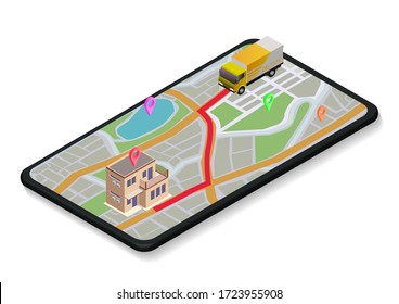 Shipping concept. Isometric map on mobile with delivery trucks and destination homes
