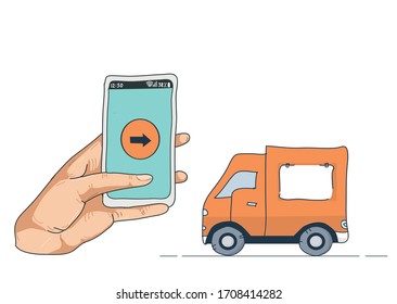 Shipping concept. On-line order, hand with phone and truck with shipping.Vector illustration for icons, advertising banners, posters and applications.