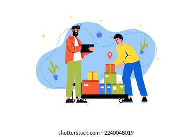 Shipping concept with people scene in the flat cartoon style. Manager explains for the courier where the boxes need to be delivery. Vector illustration.
