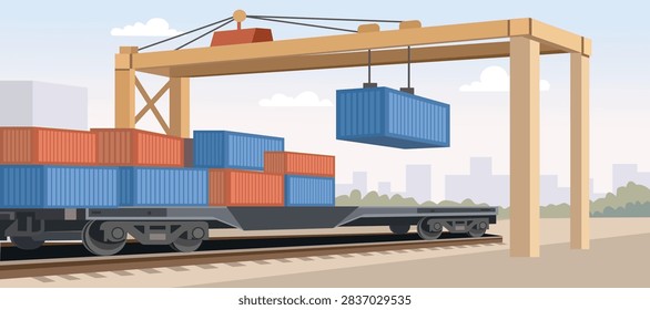 Shipping Container Being Loaded onto Train, Industrial Illustration. Railway Container Loading Scene. Cargo Container Being Loaded onto Freight Train.