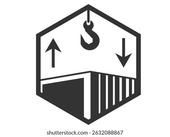 Shipping container, crane hook, directional arrows
