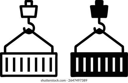 Shipping Container Crane Icon Set – Black and White Cargo Transport Symbol Vector Illustration
