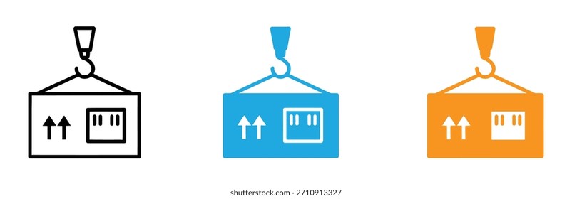 Conjunto de iconos de grúa de contenedores de envío Ilustración vectorial de símbolos. Carga de contenedor de envío siendo levantada por el icono de logística de grúa. 