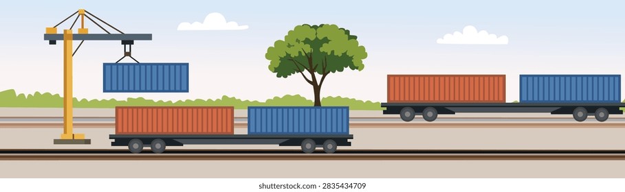 Shipping Container Crane Loading Train Illustration. Freight Train Container Loading. Intermodal Container Crane and Train.