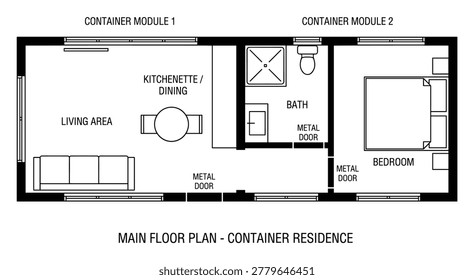 Shipping container home floor plan, divided into living area, dining, kitchenette, bathroom, bedroom.