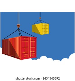 Shipping container on blue sky background. Delivery logistics and transportation vector illustration. Commercial freight company poster. Global import and export. Crane lifts cargo container