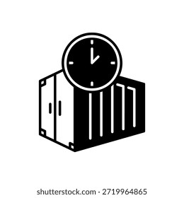 Contenedor de envío con icono de símbolo de reloj de tiempo estilo de relleno negro sobre fondo blanco aislado