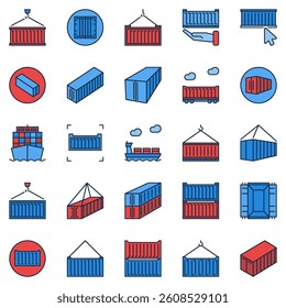 Shipping Containers colored icons set. Vector transportation, delivery and logistics concept signs collection