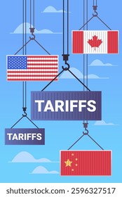 Shipping containers with flags depict trade war concept. Containers suspended by cranes against a blue sky symbolize international tariffs conflict