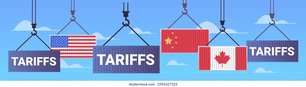 Shipping containers trade war concept flags USA China Canada blue sky clouds
