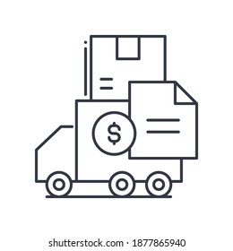 Versandkostensymbol, lineare einzelne Illustration, dünne Linie, Webdesign-Zeichen, Umrisssymbol mit bearbeitbarem Strich auf weißem Hintergrund.