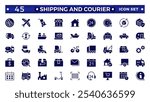 Shipping And Courier icon. Delivery service solid con set. Containing order tracking, delivery home, warehouse, truck, scooter, courier Sea Air, Date, Return Search Parcel,  and cargo icons.